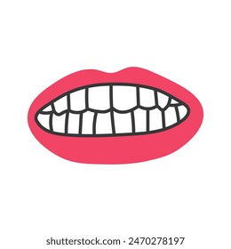 Forced smile. Stretched red lips showing white teeth. Grin symbol. Isolated vector illustration. Hand drawn flat cartoon style. 