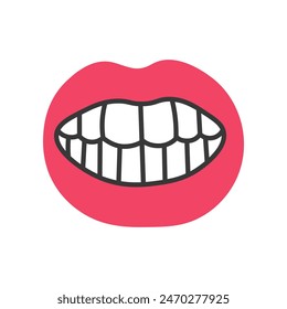 Forced Smile vector illustration. Mouth facial expression. Red lips showing white teeth. Hand drawn cartoon style. Flat design.