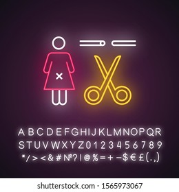 Forced sterilization neon light icon. Pregnancy prevention method. Fallopian tube blocked. Compulsory sterilization. Glowing sign with alphabet, numbers and symbols. Vector isolated illustration
