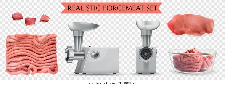 Forcemeat conjunto transparente de piezas de carne de vacuno picado carne y molino de carne eléctrica ilustrador vectorial aislado realista