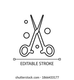 Forceps linear icon. Handheld, hinged instrument. Manipulating tissues and needles. Thin line customizable illustration. Contour symbol. Vector isolated outline drawing. Editable stroke