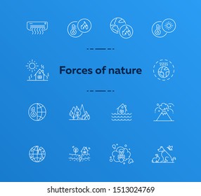 Forces of nature icons. Set of line icons. Forest fire, earthquake, tornado. Ecology concept. Vector illustration can be used for topics like environment protection, nature