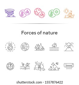 Forces of nature icons. Set of line icons. Forest fire, earthquake, tornado. Ecology concept. Vector illustration can be used for topics like environment protection, nature