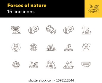 Forces of nature icons. Set of line icons. Forest fire, earthquake, tornado. Ecology concept. Vector illustration can be used for topics like environment protection, nature