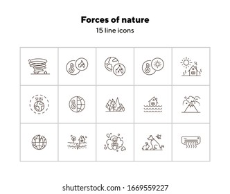 Forces of nature icons. Set of line icons. Forest fire, earthquake, tornado. Ecology concept. Vector illustration can be used for topics like environment protection, nature