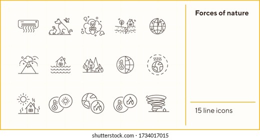 Forces of nature icons. Set of line icons. Forest fire, earthquake, tornado. Ecology concept. Vector illustration can be used for topics like environment protection, nature