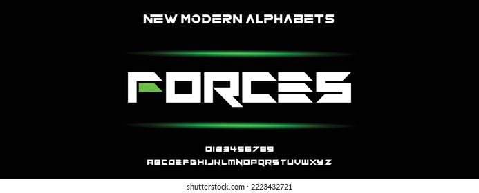 FORCES Sports minimal tech font letter set. Luxury vector typeface for company. Modern gaming fonts logo design.