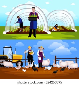 Forcing tunnel planing gardeners and sheep and  geese feeding farmers 2 flat horizontal banners isolated vector illustration 