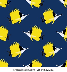 Forcipiger flavissimus. Seamless pattern with yellow tropical fish on blue background. For textiles, wallpapers and packaging, postcards or covers.