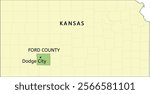 Ford County and city of Dodge City location on Kansas state map