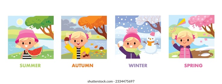 Fore pictures with seasons of the year. Girl spares time outside. Landscape with tree and river. Summer, autumn, winter, spring.