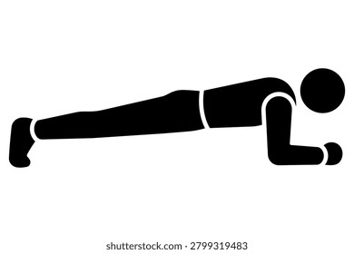 Forearm plank exercise black silhouette icon with person in core workout position, bent arms, straight legs and clean white cutout details, isolated on white background. Minimal bold vector-style illustration for fitness, training, gym, sticker, decal, logo, label, and cutting file design.