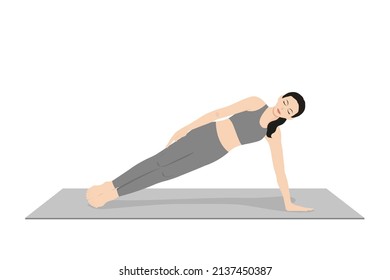 Forearm Side Plank Pose Arm Down. Beautiful girl practice Forearm Vasisthasana Arm Down. Young attractive woman practicing yoga exercise. working out, black wearing sportswear, grey pants and top