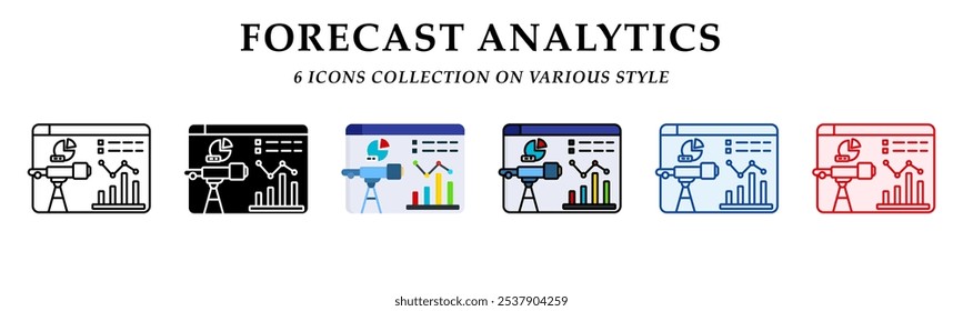 Forecast analytics icons collection. 6 Various styles. Lineal, solid, flat and lineal color icon. For sign, symbol, presentation, element, infographic or web graphics. Vector Illustration.