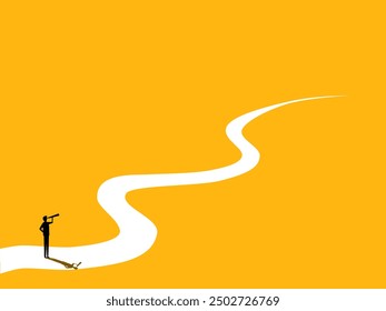 Forecast, business goal. Businessman standing looking at binoculars on a winding path