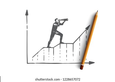 Forecast, graph, growth, progress, diagram concept. Hand drawn businessman looking through spyglass concept sketch. Isolated vector illustration.