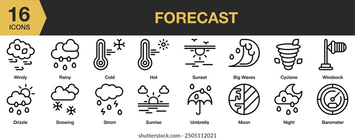 Forecast icon set. Includes night, rainy, snowing, strom, umbrella, sunset, windy, and More. Outline icons vector collection.