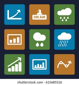 Forecast icons set. set of 9 forecast filled icons such as rain, graph