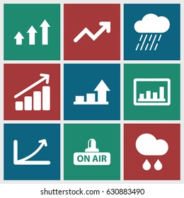 Forecast icons set. set of 9 forecast filled icons such as rain, graph