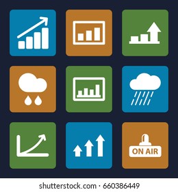 Forecast icons set. set of 9 forecast filled icons such as rain, graph