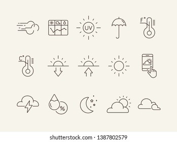 Forecast line icon set. Sun, cloud, temperature. Climate concept. Can be used for topics like environment, summer, meteorology