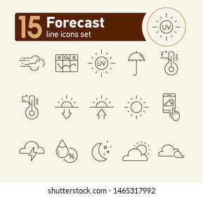 Forecast line icon set. Sun, cloud, temperature. Climate concept. Can be used for topics like environment, summer, meteorology