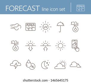 Forecast line icon set. Sun, cloud, temperature. Climate concept. Can be used for topics like environment, summer, meteorology