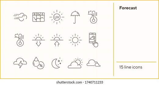 Forecast line icon set. Sun, cloud, temperature. Climate concept. Can be used for topics like environment, summer, meteorology
