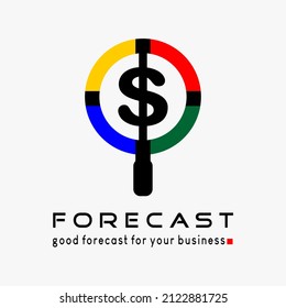 forecast logo design template with creative and modern concept. magnifying glass icon and currency icon. premium vector logo illustration