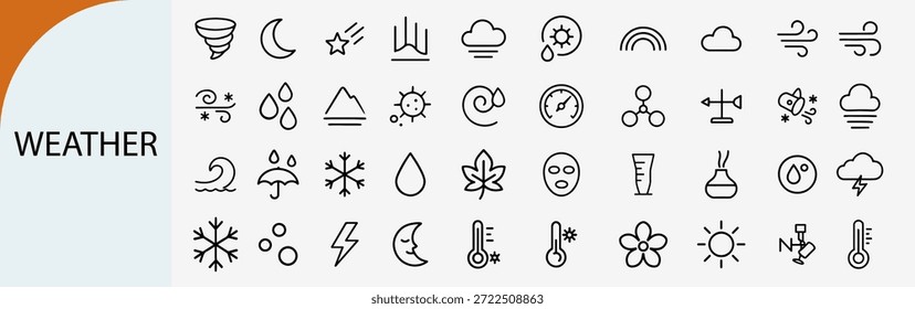 “Pronóstico de Clima y meteorología conjunto de iconos lineales, Vector de medida climática”