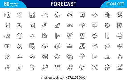 Conjunto de ícones da estrutura de tópicos de previsão. Ícone de natureza definido. Incluído clima, clima climático, meteorologia. Pacote fino de ícones de estrutura de tópicos. Ilustração vetorial