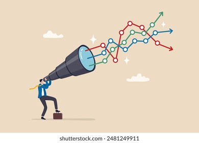 Forecast or prediction to see or analyze future opportunity, forwarding data analysis, leadership vision or discover investment plan concept, businessman look through telescope to see forecast chart.