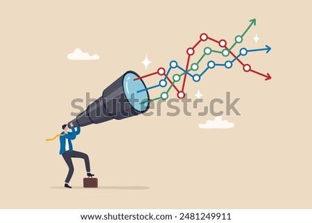 Forecast or prediction to see or analyze future opportunity, forwarding data analysis, leadership vision or discover investment plan concept, businessman look through telescope to see forecast chart.
