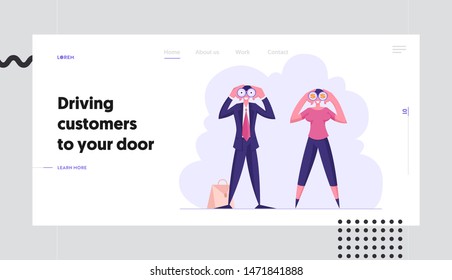 Forecast, Prediction Website Landing Page, Business Characters Watching to Binoculars, Business Vision, Recruitment Employee, Planning Strategy Web Page. Cartoon Flat Vector Illustration, Banner