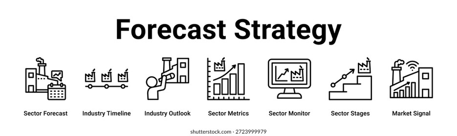 Forecast Strategy web banner icon vector illustration concept for Industry with icon of Sector Forecast, Industry Timeline, Industry Outlook, Sector Metrics, Sector Monitor, Sector Stages.