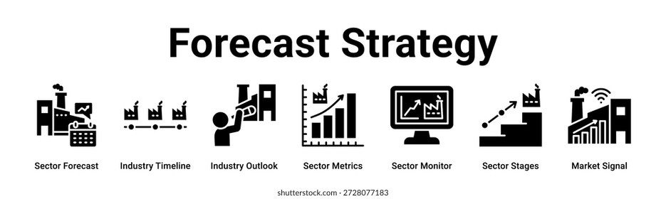 Forecast Strategy web banner icon vector illustration concept for Industry with icon of Sector Forecast, Industry Timeline, Industry Outlook, Sector Metrics, Sector Monitor, Sector Stages.