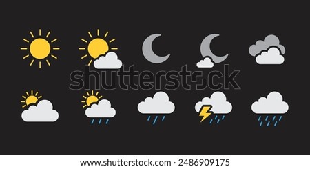 Forecast Sun, Rain, and Moon weather icon vector set dark background