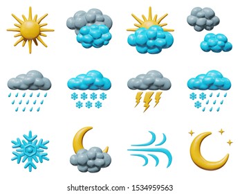 Forecast vector illustration of element for meteorology - plastic weather collection. Smooth isolated toys - sun, moon, clouds, rain, snow fall. Beautiful concept of overcast icons in skies.