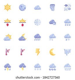 Forecast weather elements collection, meteorology weather flat icons set, Colorful symbols pack contains - clouds, sun, rain, winter, summer, thunderstorm. Vector illustration. Flat style design