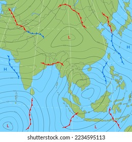 Forecast weather isobar map of Asia with wind fronts and temperature, vector background. Meteorology climate and day weather forecast isobar of Asia with cold and warm cyclone chart diagrams