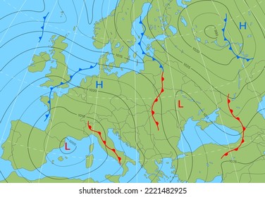 Mapa de isobar del clima pronosticado de Europa. Diagrama del frente del viento, la temperatura y los ciclones. Antecedentes climatológicos, infografía climática, pronóstico meteorológico sintético mapa isobar vectorial de Europa