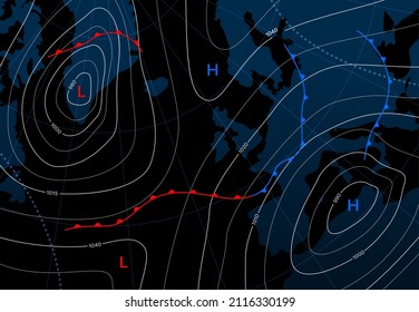 Forecast weather isobar map, meteorology wind front and temperature diagram, vector background. Weather forecast and climate generic system map with cyclone and anticyclone wind in graphic chart