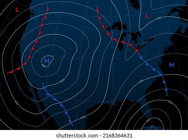 Forecast weather isobar map, meteorology wind front vector diagram. Synoptic chart of surface weather analysis with atmospheric pressure isobars, temperature isotherms and cold front boundary