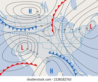 Forecast weather isobar map of USA states, meteorology wind fronts and temperature diagram, vector background. US America weather forecast isobar map with pressure, cold and warm wind direction chart