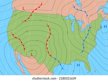 Forecast weather isobar map of USA states, wind front and temperature vector diagram. Meteorology climate and weather forecast isobar of America US with cold cyclone and atmospheric pressure chart