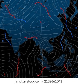 Forecast weather isobar night map of Asia, wind fronts and temperature vector diagram. Meteorology climate and weather forecast isobar of Asia continent countries with cold and warm cyclone chart