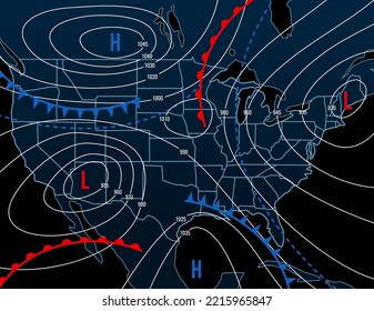 Forecast weather isobar night map of USA. Meteorology diagram with wind front and temperature. Synoptic isobar map, climate and climatology vector infographics with temperature data