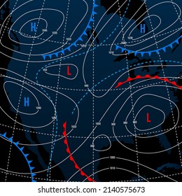 Forecast weather isobar on american night map, meteorology wind fronts and vector temperature diagram. USA map for weather forecast with pressure and wind charts, synoptic prediction isobar