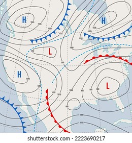 Mapa del tiempo de predicción isobar de EE.UU. Diagrama de la temperatura y del frente del viento de la meteorología. Mapa isobar de pronóstico meteorológico de los Estados Unidos o fondo vectorial con ciclones y fronteras de presión atmosférica