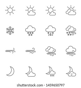 Forecast weather line icons set. linear style symbols collection outline signs pack. vector graphics. Set includes icons as sunny, cloudy, snowy, windy, clouds, snowflake, night moon, winter, snowfall